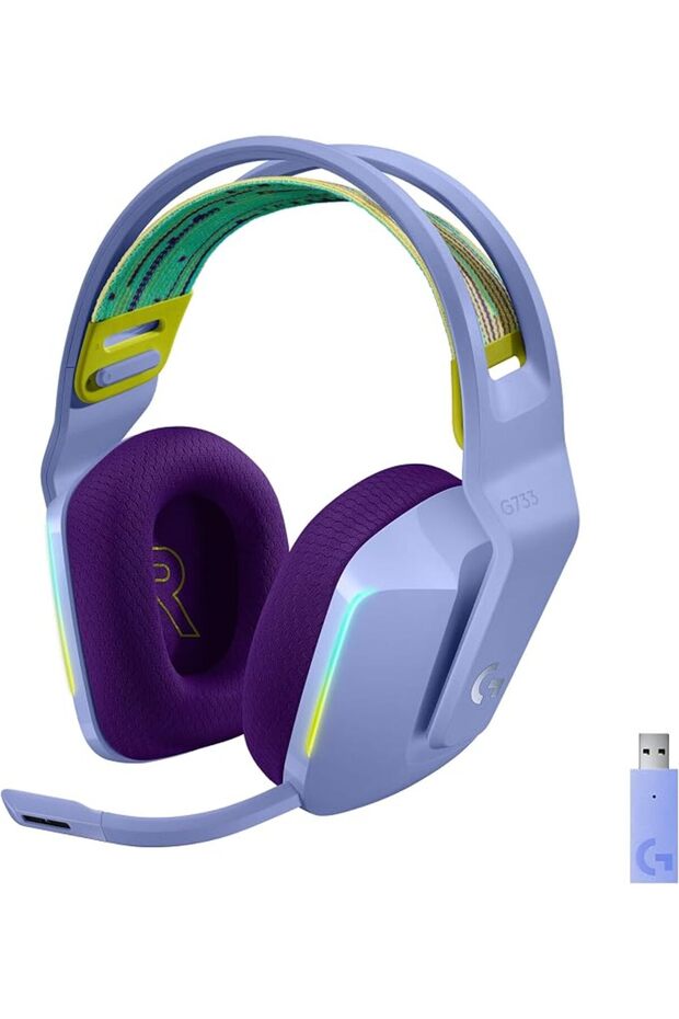سماعة رأس لاسلكية للألعاب Logitech G733 LIGHTSPEED، مزودة بحزام رأس مريح، وإضاءة LIGHTSYNC RGB.