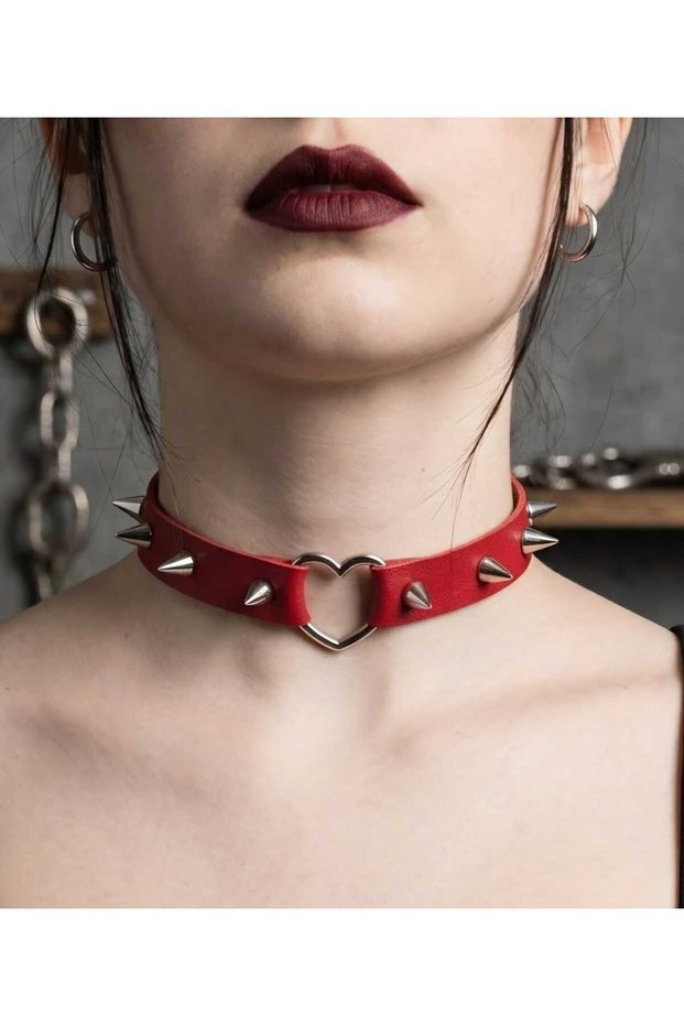 Red Spike-Studded Leather Choker with Adjustable Snap Closure