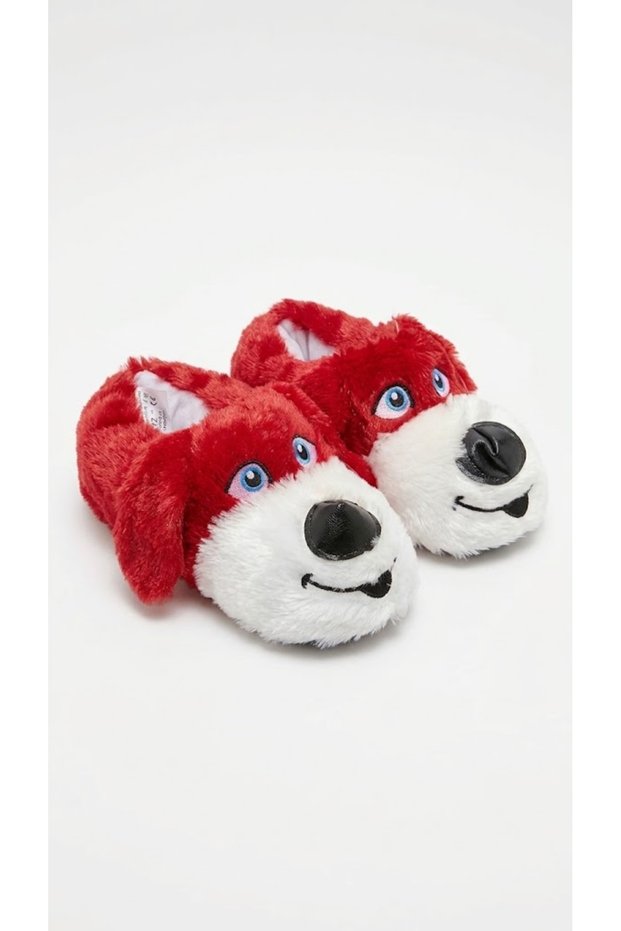Plush House Slippers with a Dog Design, Red.