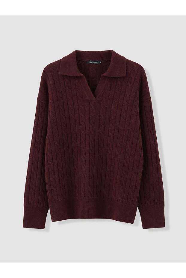 Peak New Season Plum-Colored Polo Neck Patterned Women's Knit Sweater.