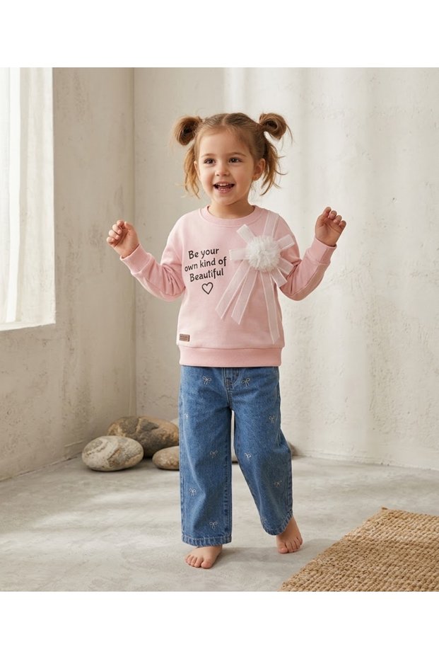 100% Cotton Sweatshirt with Tulle Details/ Denim 2-Piece Girls' Set 4-8 Years, Pink
