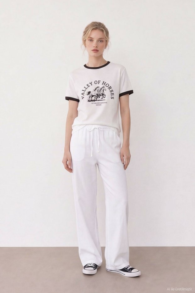 Women's Ecru T-Shirt with Print and Embroidery Details.