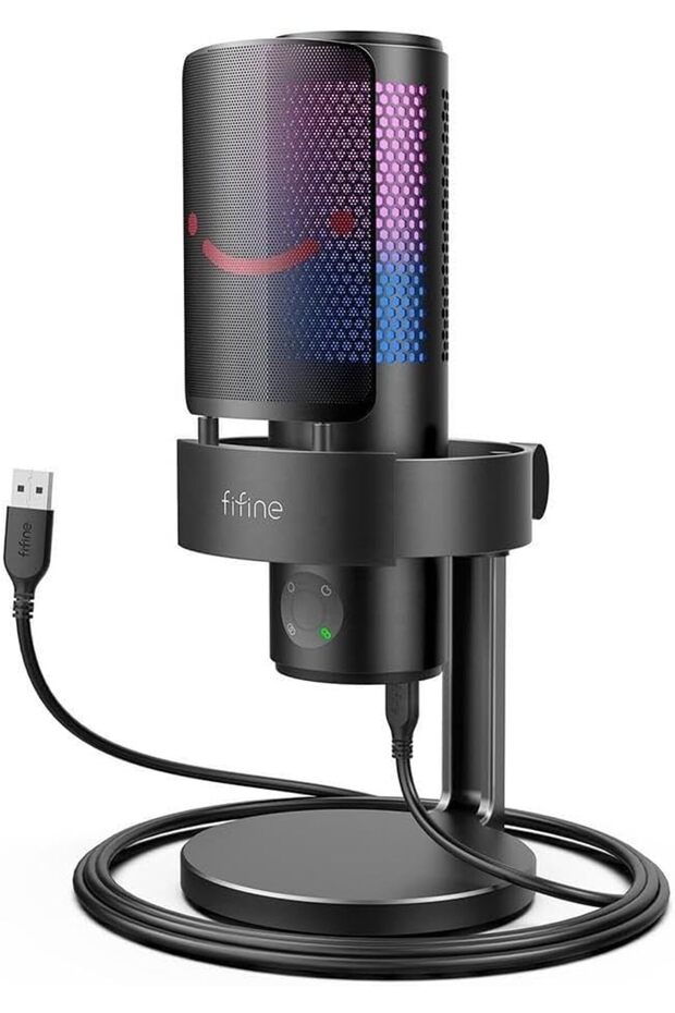 ميكروفون مكتبي مزود بإضاءة LED RGB، يعمل بمنفذ USB، باللون الأسود.