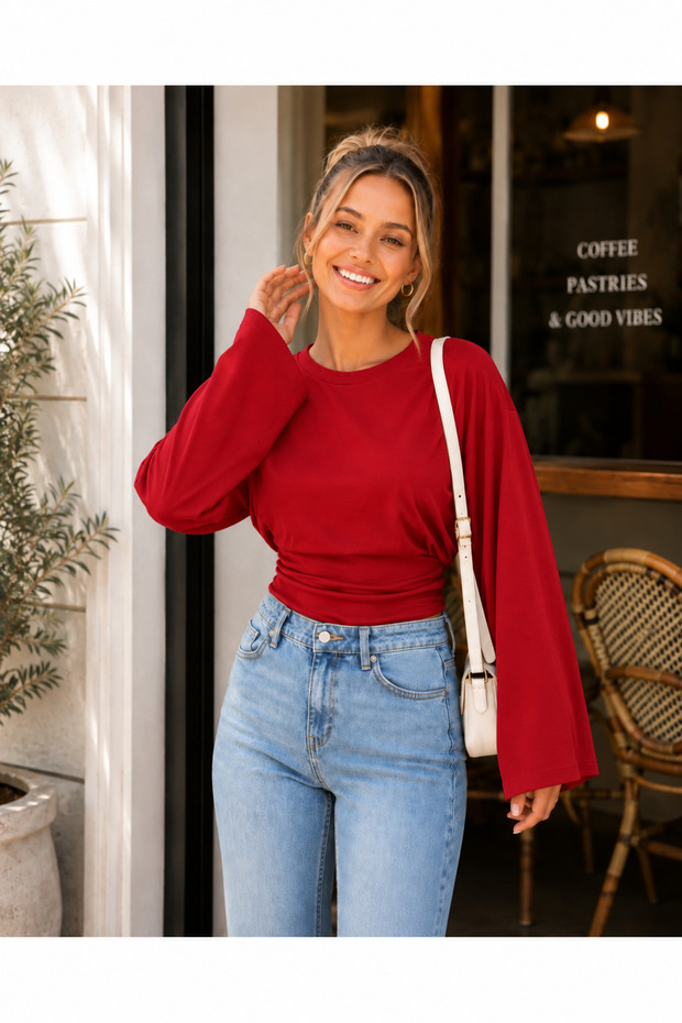 Women's Wide Sleeve Waist-Fitted Blouse