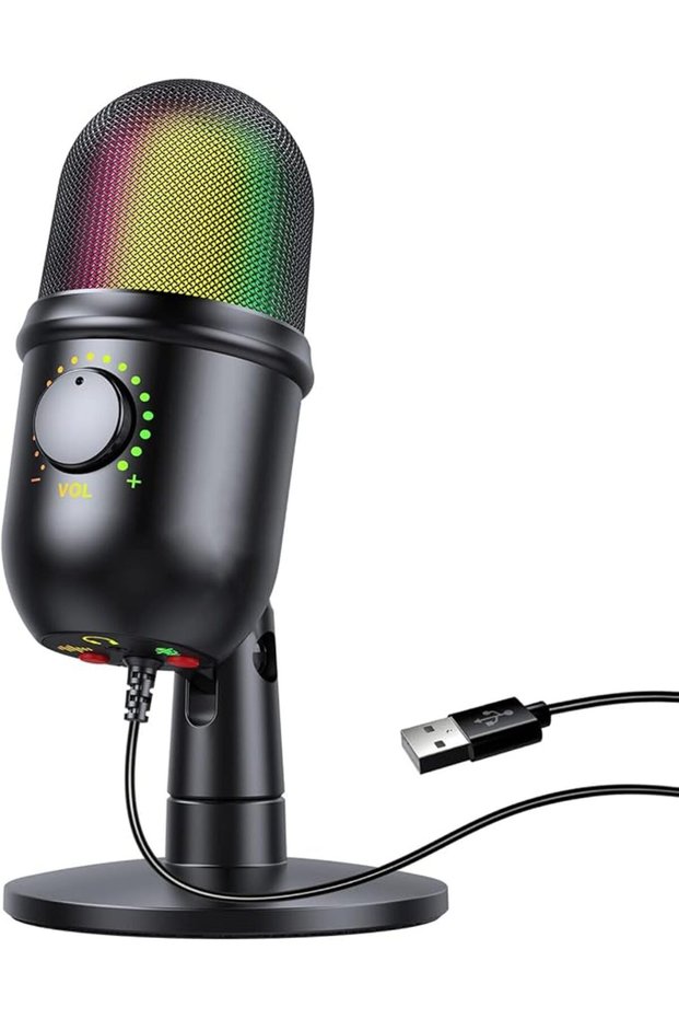 ميكروفون مكثف RGB بتصميم كارديويد، ميكروفون USB مع تأثير إضاءة ملون، زر كتم الصوت بضغطة واحدة، مزامنة في الوقت الفعلي