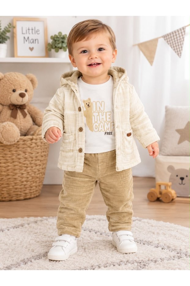 Baby Boy Velvet Hooded Sweater, Printed Bodysuit, and Pants 3-Piece Set – Beige Ecru.