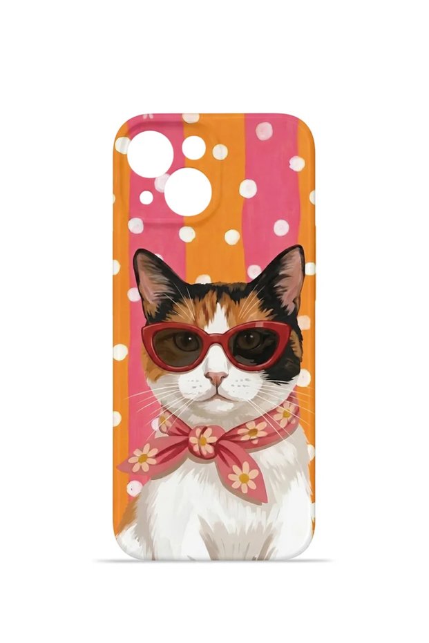 iPhone 15 Plus Vorian Mika Camera Protective Case, Orange, Retro Cat Design.