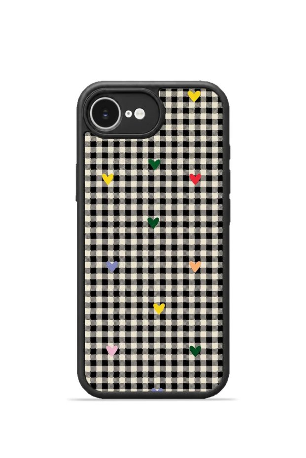iPhone 16E Vorian Black Hole Case, Black Plaid, Colorful Mini Hearts.