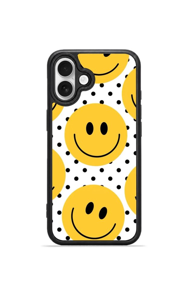iPhone 16 Plus Vorian Black Hole Case with Yellow Smile Dot Pattern.