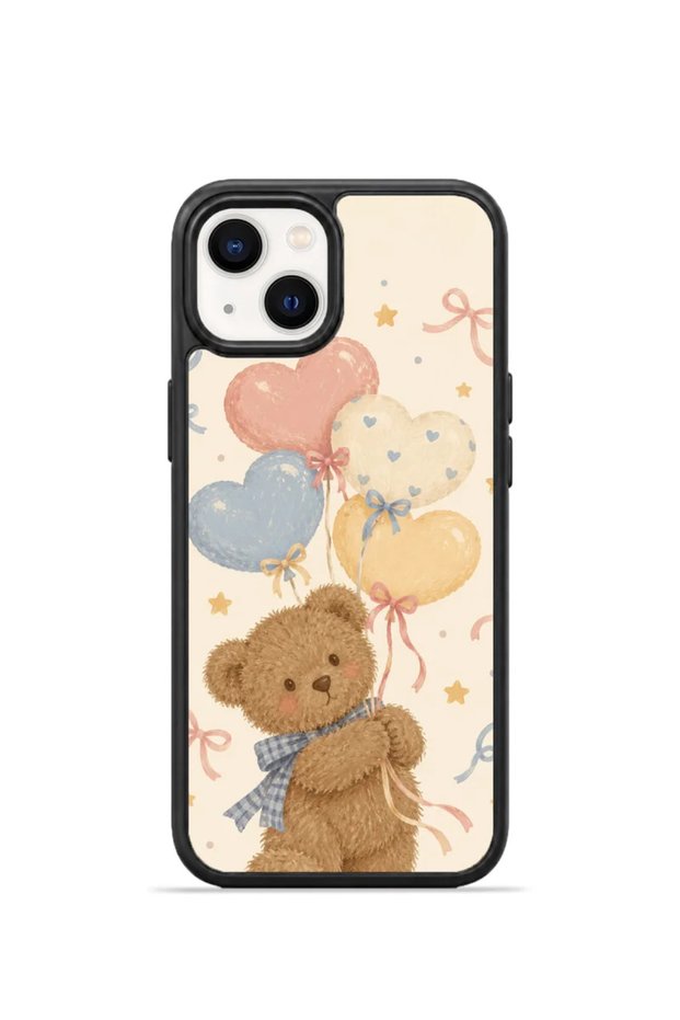 غطاء هاتف iPhone 14 Plus بتصميم "فوريان بلاك هول" مع رسومات بالونات ودب صغير، مناسب كهدية عيد ميلاد.