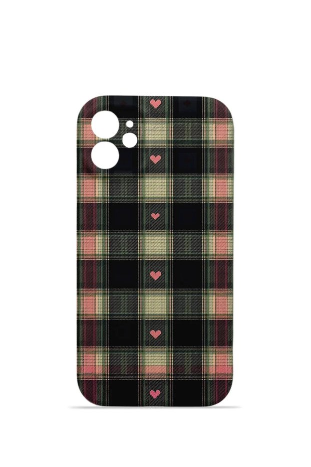 iPhone 11 Vorian Mika Camera Protective Case, Heart-Shaped Vintage Plaid Design.