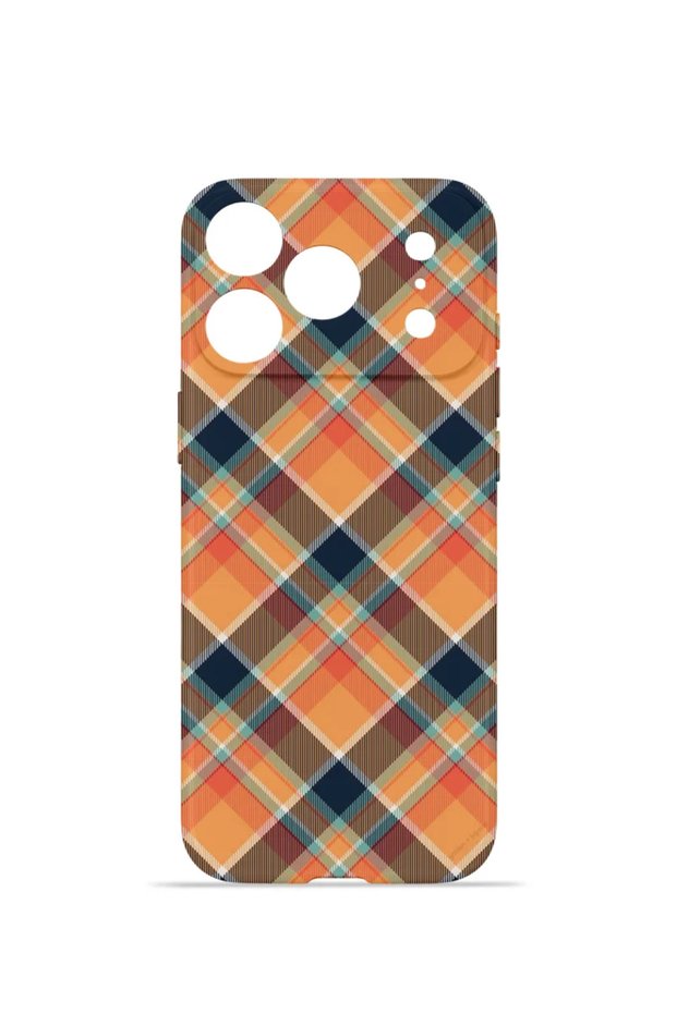 iPhone 18 Pro Vorian Camera Protective Case, Orange and Navy Blue Plaid.