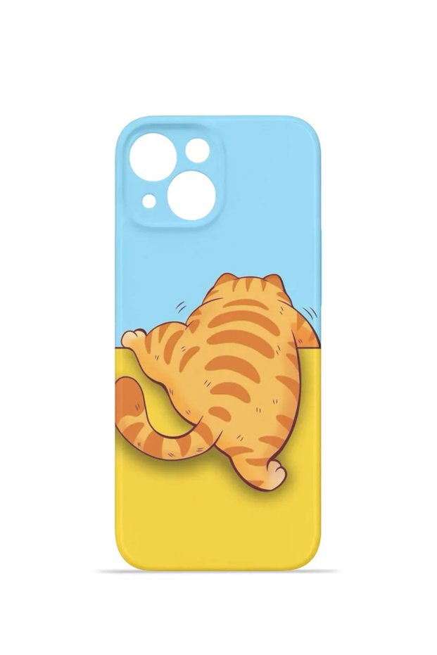 iPhone 14 Plus Vorian Mika Camera Protective Case, Sleepy Orange Cat Design.