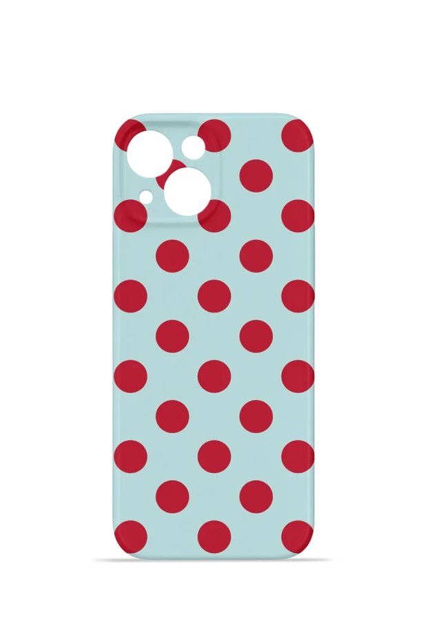 iPhone 15 Plus Vorian Camera Protective Case, Mint Red Polka Dot.