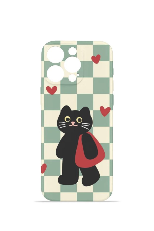 iPhone 13 Pro Vorian Camera Protective Case with Checkered Cat Design.