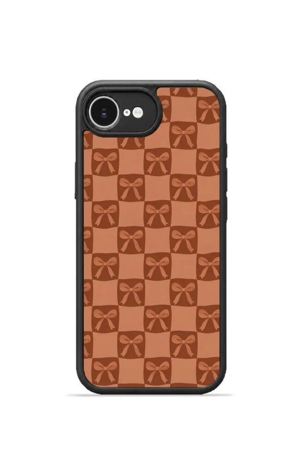 iPhone 16E Vorian Black Hole Case, Coffee Ribbon, Checkered Pattern.