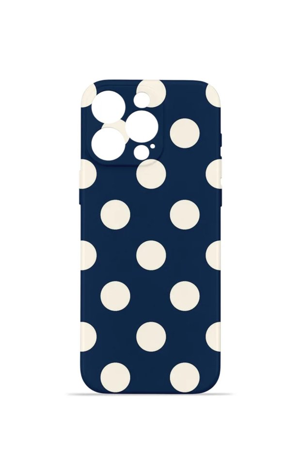 iPhone 15 Pro Max Vorian Camera Protective Case, Navy Blue with Cream Polka Dots.