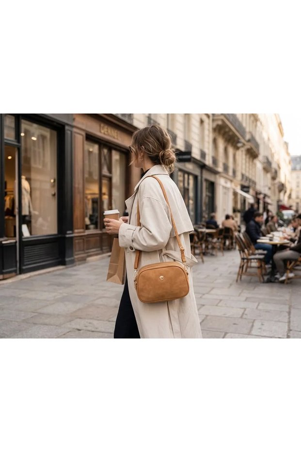Women's Tan Shoulder Bag with 3 Compartments and Gold Details - Everyday Crossbody Bag.