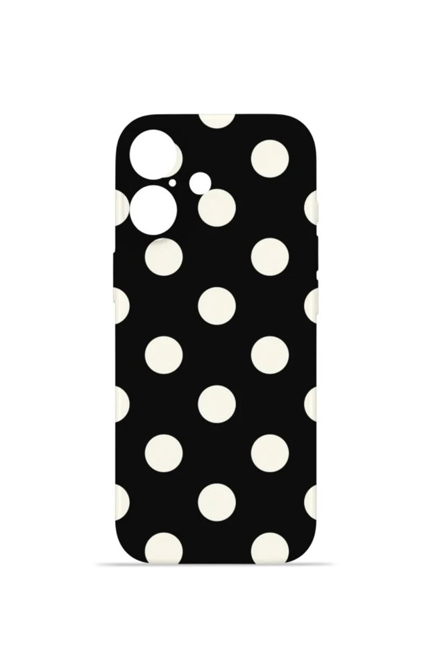 iPhone 17 Vorian Camera Protective Case, Black with Cream Polka Dots.