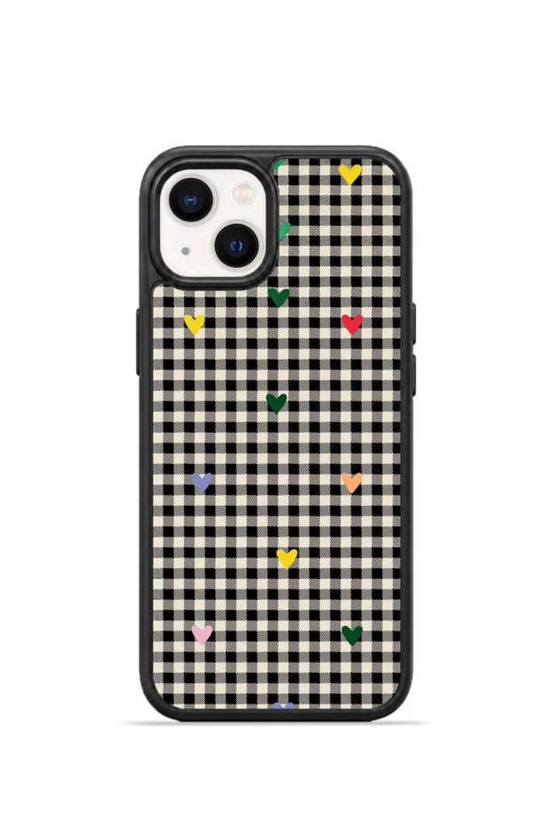 iPhone 15 Vorian Black Hole Case, Black Plaid Pattern, Colorful Mini Hearts.