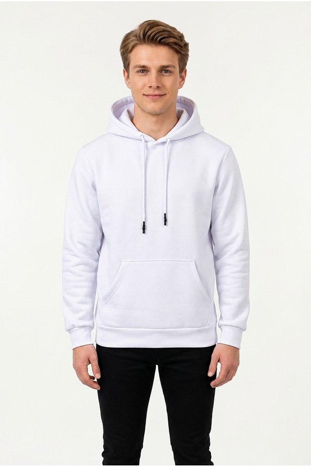 Three Yarns Sh Fleece-Lined Hooded Plain Men's Casual Sweatshirt
