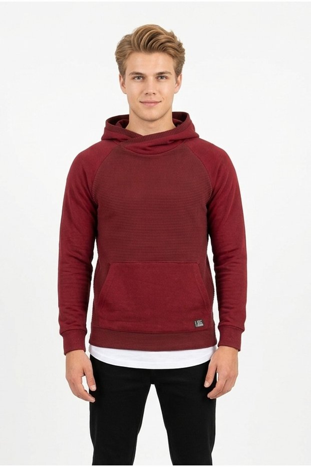 Men's Three-Thread Brushed Fabric Hooded Sweatshirt with Kangaroo Pockets and a Drawstring at the Bottom, Suitable for Everyday Wear.