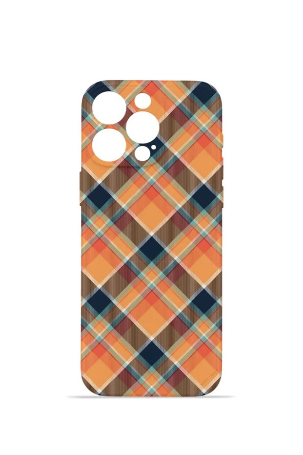 iPhone 16 Pro Vorian Camera Protective Case, Orange and Navy Blue Plaid.