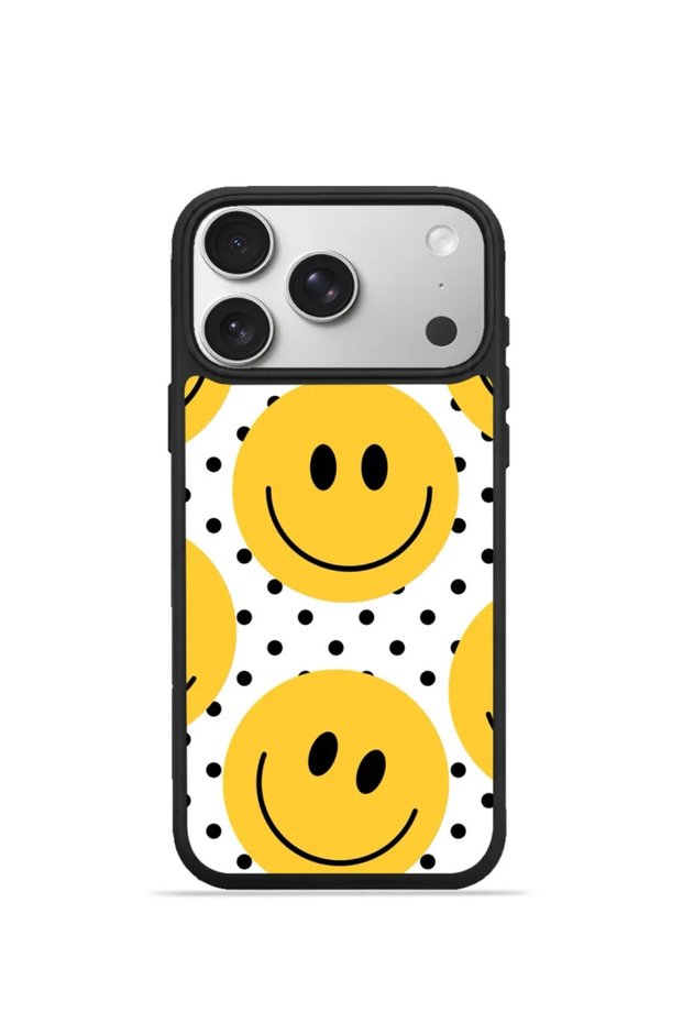 iPhone 17 Pro Max Vorian Black Hole Case with Yellow Smile Dot Pattern.