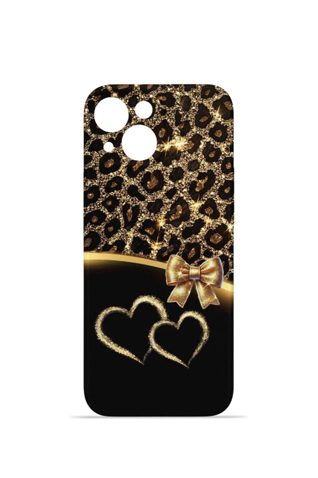 iPhone 15 Vorian Mika Camera Protective Case, Gold Heart Leopard Design.