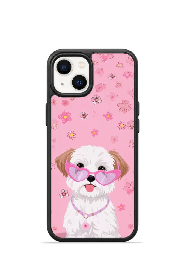 iPhone 14 Plus Vorian Black Hole Case with Pink Floral Design and Glasses-Wearing Dog