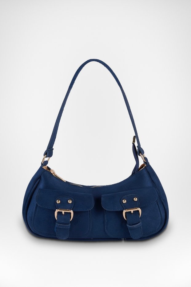 Women's Roma Navy Suede Baguette Handbag and Shoulder Bag with Two Flaps, Pockets, Buckle, and Zipper Closure.