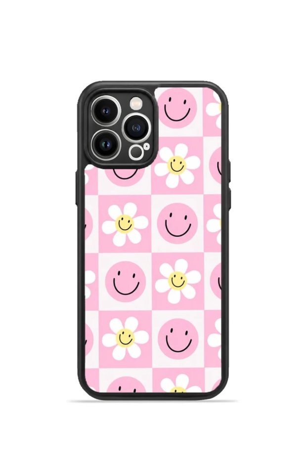 iPhone 13 Pro Max Vorian Black Hole Case, Pink Plaid with Smiling Flowers.