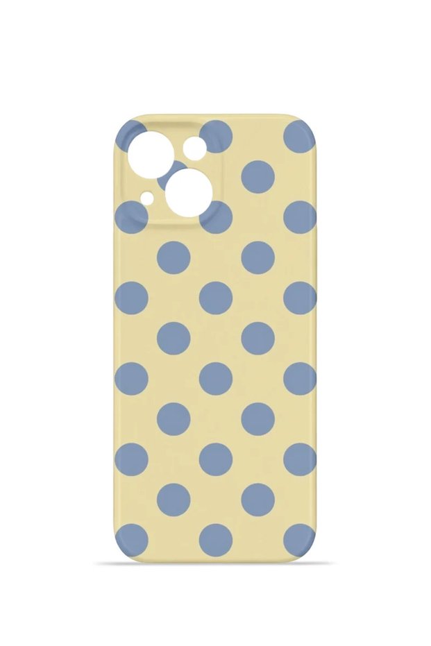 iPhone 14 Vorian Camera Protective Case, Cream Blue Polka Dot Design.