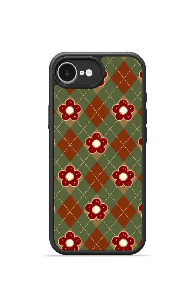 iPhone 16E Vorian Black Hole Case, Green with Burgundy Floral Plaid Pattern.