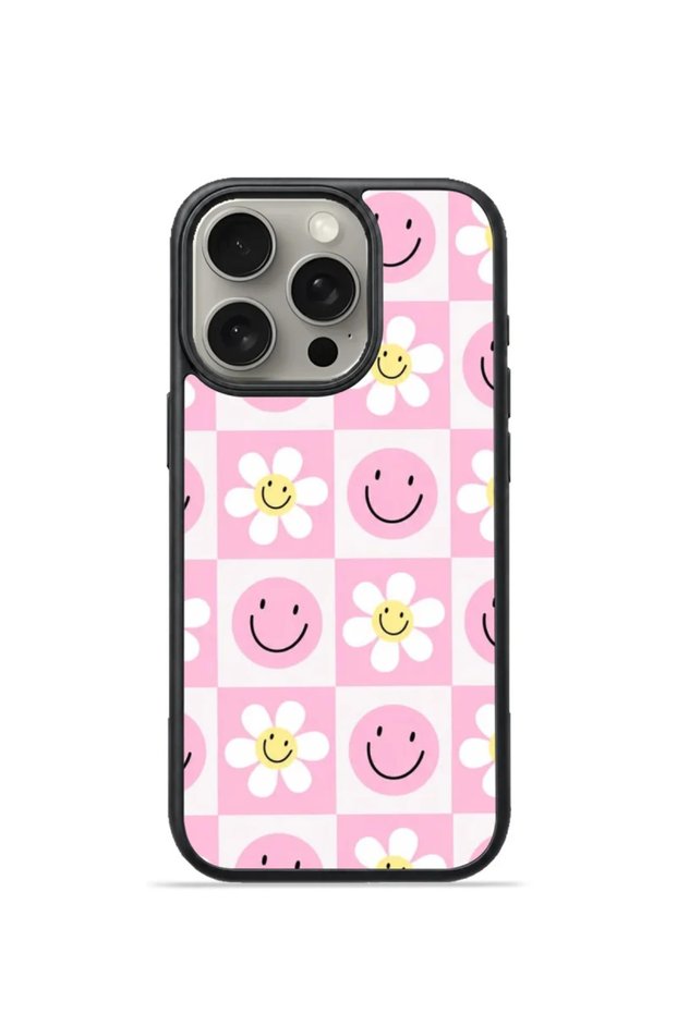 iPhone 16 Pro Max Vorian Black Hole Case, Pink Plaid with Smiling Flowers.