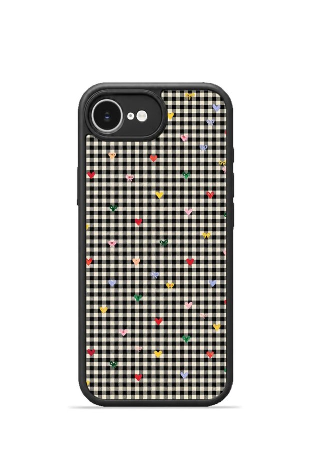 iPhone 16E Vorian Black Hole Case, Black Plaid with Small Colored Flowers.