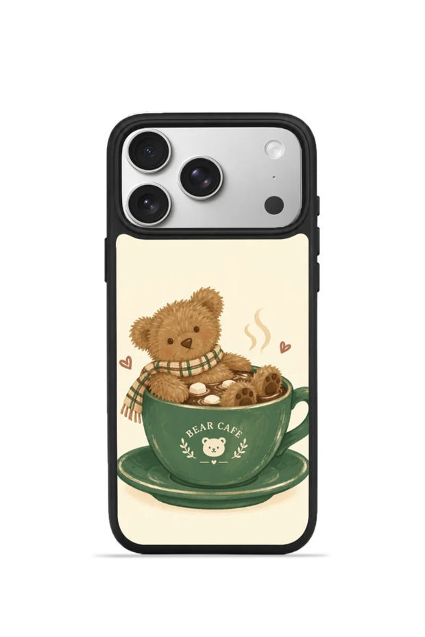 iPhone 17 Pro Max Vorian Black Hole Case, Green Cup with Bear Design.