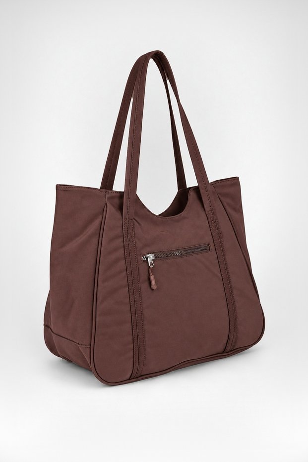 Women's Bamboo Brown Large Shoulder Tote Bag with Back Zipper Pocket and Lined Interior.