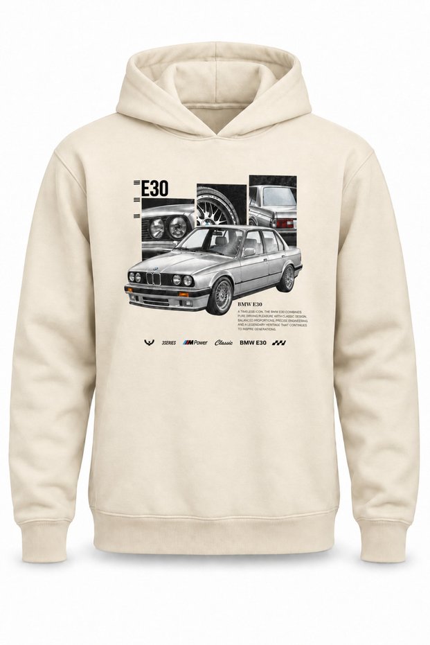 Bmw E30 Classic Collage Dtg Printed Hoodie, No Pockets.