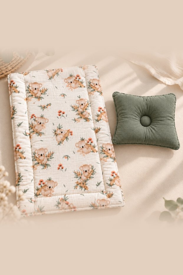 Set of 2 100% Cotton Muslin Baby Changing Pad and Pillow, 50X70, Quilted, Koala Pattern.