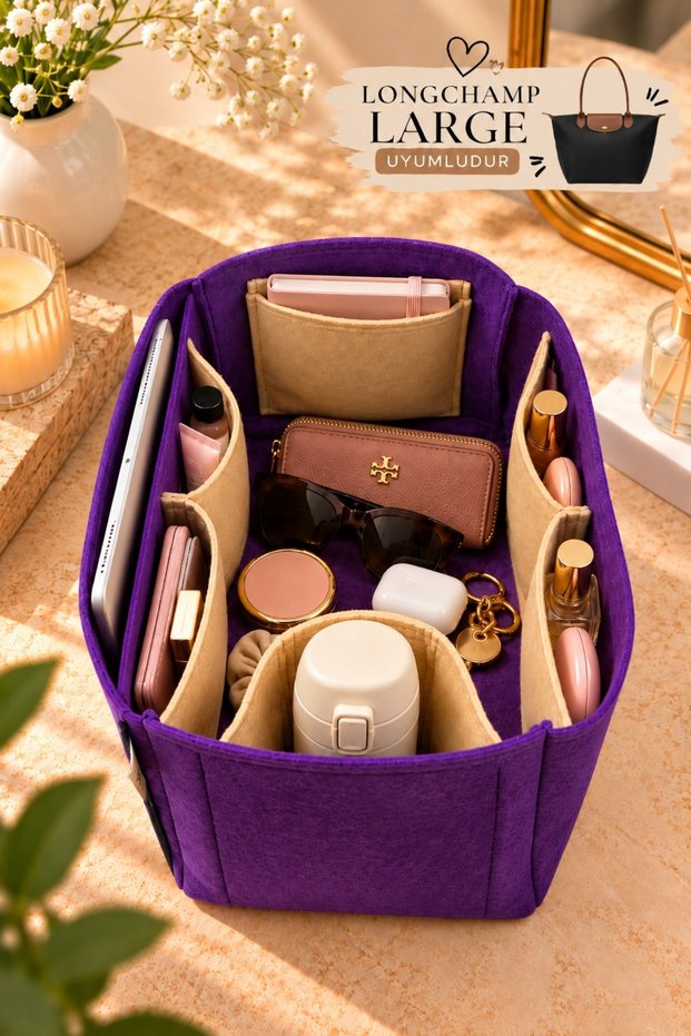 Long..... Large Two-Tone Bag with a Single Compartment and an Interior Organizer, Dark Purple - Beige, Dimensions: 29 X 18 X 17 (Length X Height X Width)