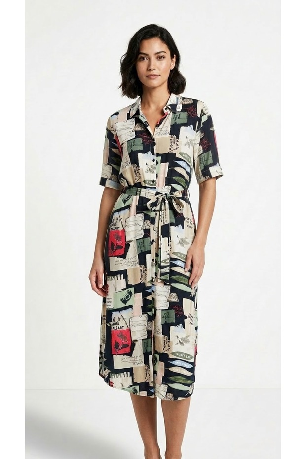 Women's Patterned Shirt Dress with Belt, Midi Length.