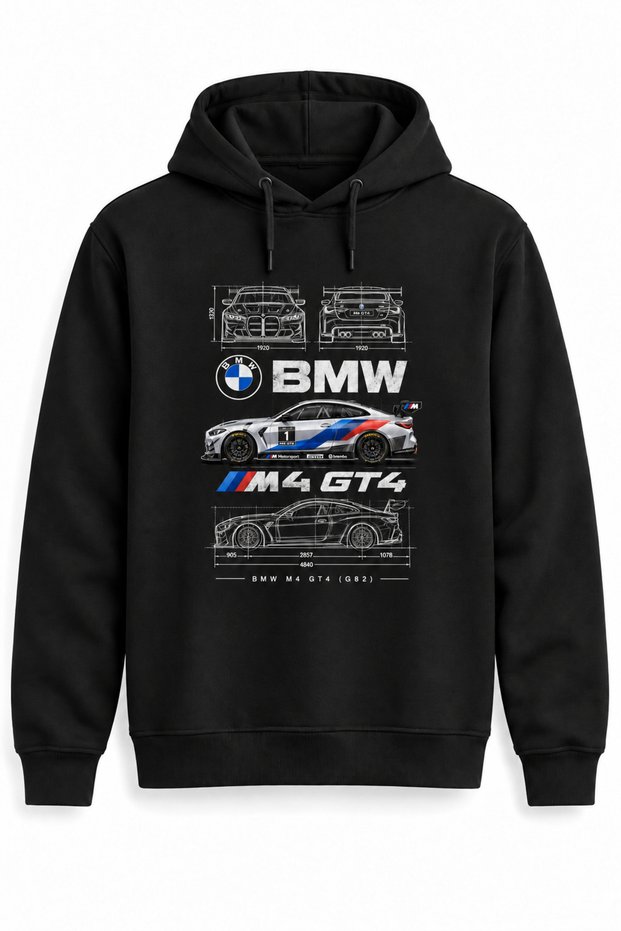 Bmw M4 Gt4 G82 Technical Drawing Dtg Printed Hoodie, No Pockets.