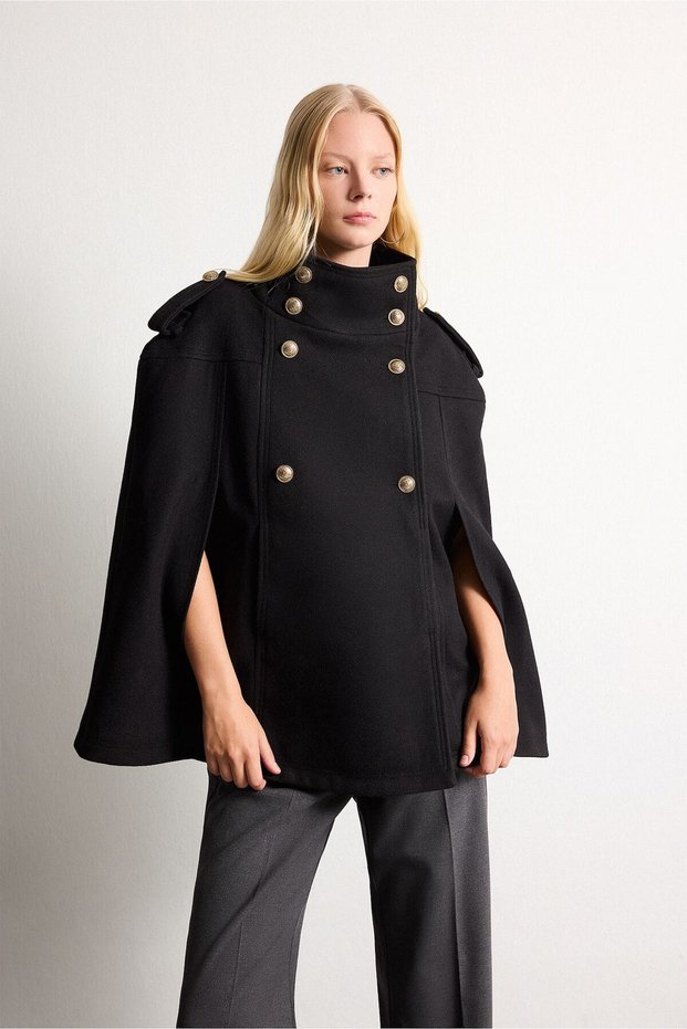 A-Line, High-Neck, Metal-Buttoned Cape Coat I2835Ax26Wn