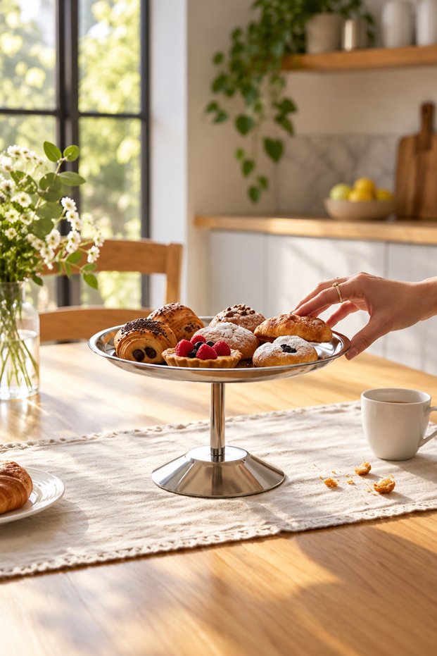 Platinum Steel Serving Stand with Legs for Cakes, Pastries, Cookies, and Desserts.