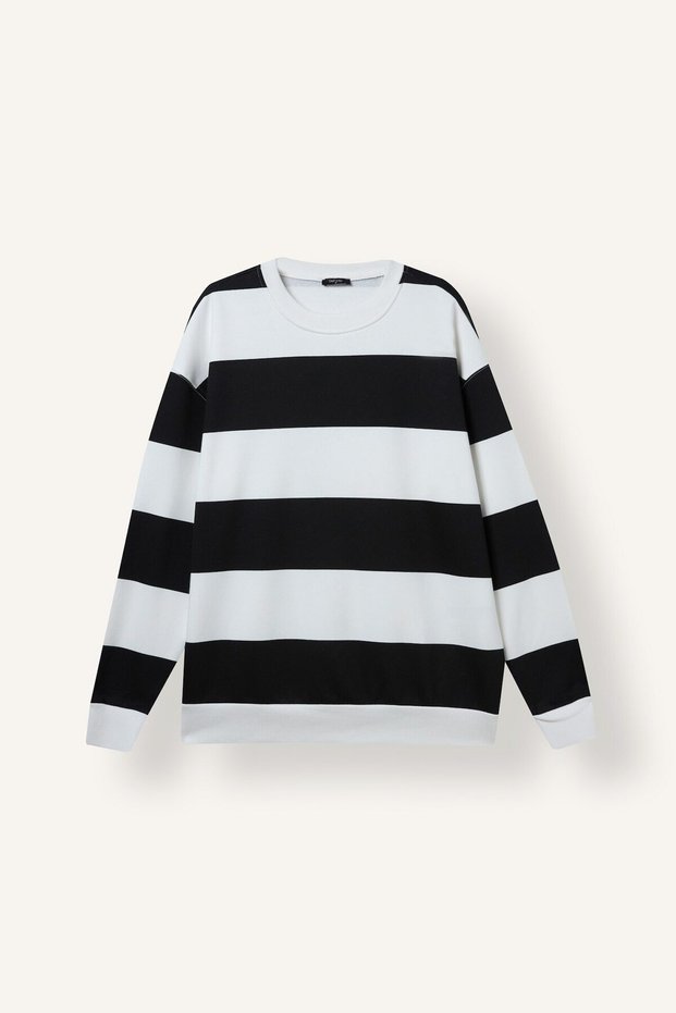 Boxy Fit Crew Neck Striped Woven Label Sweatshirt A9066Ax24Au