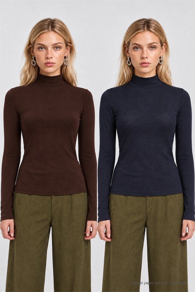 2-Piece Set of Turtleneck Viscose Blouses Lrn0083 Brown Navy Blue