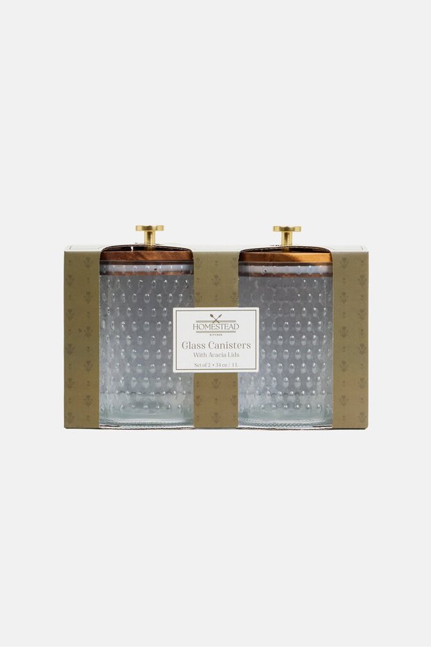 2 Pcs Glass Canisters With Acacia Lids, Transparent