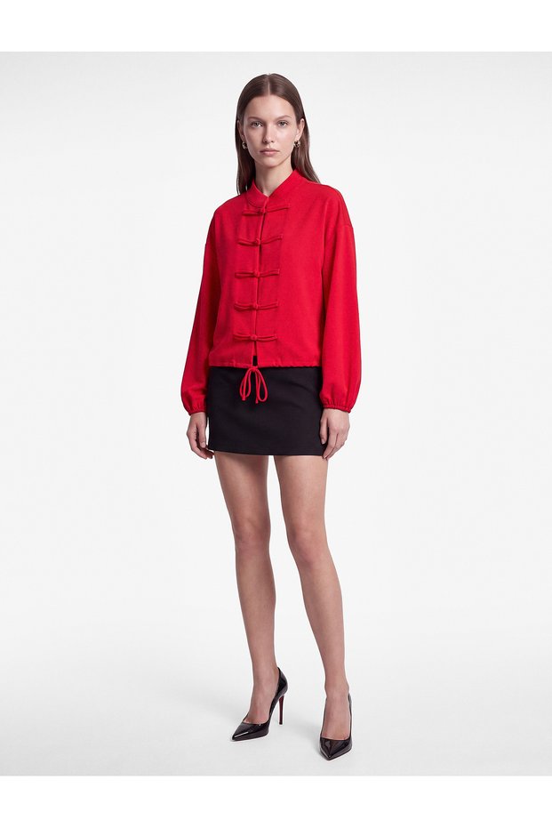 Mandarin Collar, Button-Down Crepe Jacket with Adjustable Tie Detail, Long Sleeves.