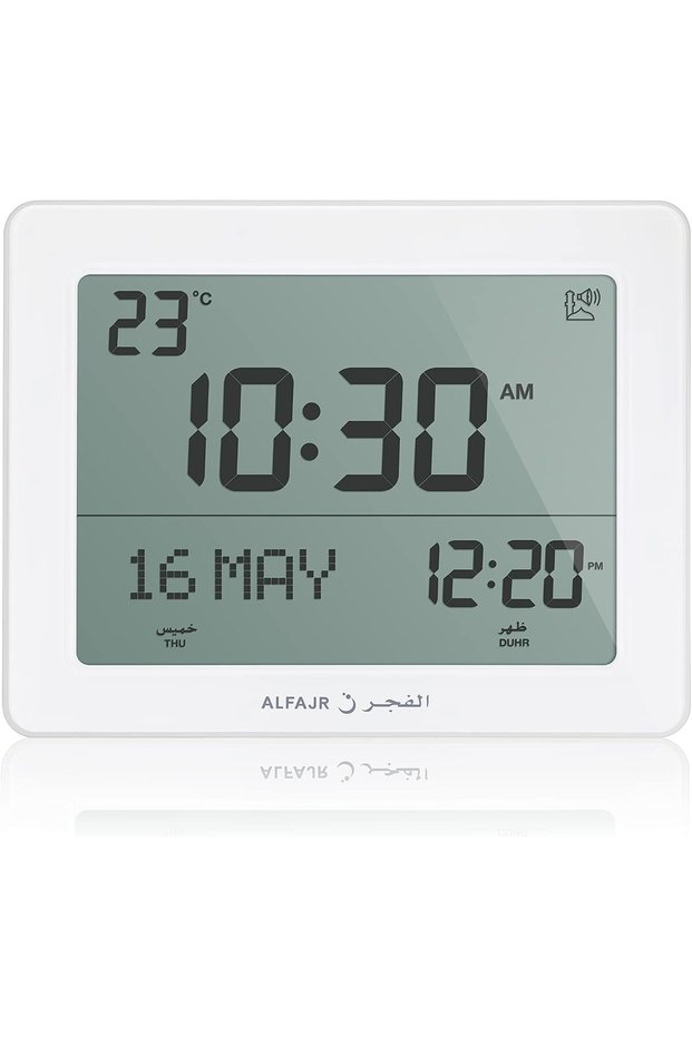 ساعة أذان حائطية مع عرض توقيت الصلاة - CF-19 باللون الأبيض، ساعة صلاة بشاشة LCD تعرض درجة الحرارة والتاريخ.